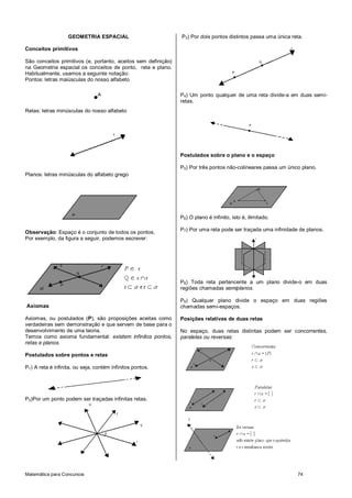 Matemática para Concursos 74
GEOMETRIA ESPACIAL
Conceitos primitivos
São conceitos primitivos (e, portanto, aceitos sem definição)
na Geometria espacial os conceitos de ponto, reta e plano.
Habitualmente, usamos a seguinte notação:
Pontos: letras maiúsculas do nosso alfabeto
Retas: letras minúsculas do nosso alfabeto
Planos: letras minúsculas do alfabeto grego
Observação: Espaço é o conjunto de todos os pontos.
Por exemplo, da figura a seguir, podemos escrever:
Axiomas
Axiomas, ou postulados (P), são proposições aceitas como
verdadeiras sem demonstração e que servem de base para o
desenvolvimento de uma teoria.
Temos como axioma fundamental: existem infinitos pontos,
retas e planos.
Postulados sobre pontos e retas
P1) A reta é infinita, ou seja, contém infinitos pontos.
P2)Por um ponto podem ser traçadas infinitas retas.
P3) Por dois pontos distintos passa uma única reta.
P4) Um ponto qualquer de uma reta divide-a em duas semi-
retas.
Postulados sobre o plano e o espaço
P5) Por três pontos não-colineares passa um único plano.
P6) O plano é infinito, isto é, ilimitado.
P7) Por uma reta pode ser traçada uma infinidade de planos.
P8) Toda reta pertencente a um plano divide-o em duas
regiões chamadas semiplanos.
P9) Qualquer plano divide o espaço em duas regiões
chamadas semi-espaços.
Posições relativas de duas retas
No espaço, duas retas distintas podem ser concorrentes,
paralelas ou reversas:
 