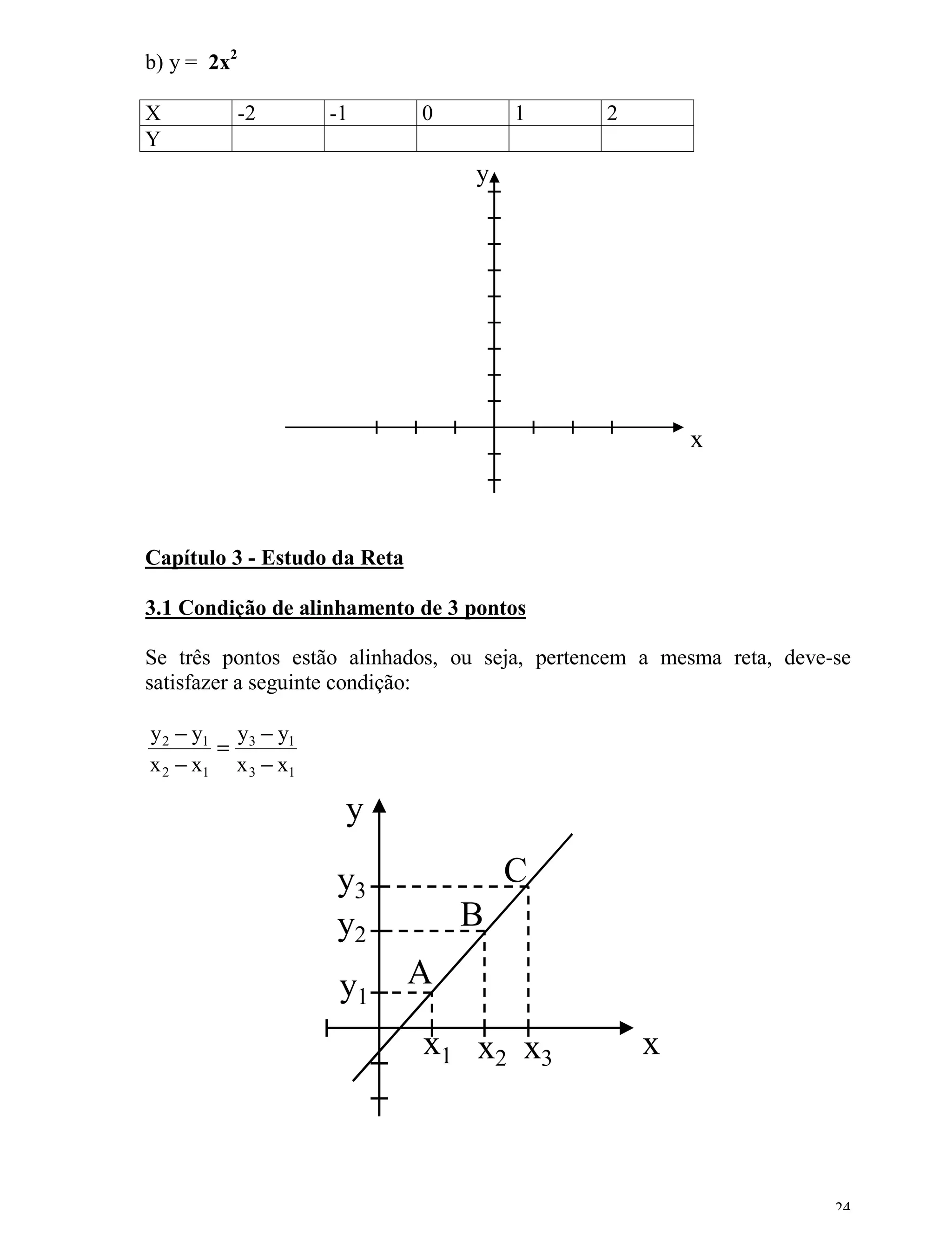 b) y = 2x2

X            -2     -1        0       1        2
Y
                                  y




                                                       x



Capítulo 3 - Estudo da Reta

3.1 Condição de alinhamento de 3 pontos

Se três pontos estão alinhados, ou seja, pertencem a mesma reta, deve-se
satisfazer a seguinte condição:

y 2 − y1 y3 − y1
        =
x 2 − x1 x 3 − x1

                     y
                    y3                C
                    y2            B

                     y1       A

                              x1 x2 x3             x



                                                                      24
 