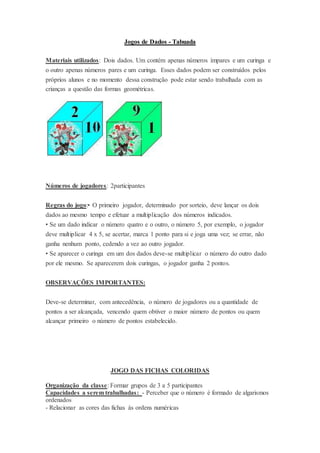 Jogos de Dados - Tabuada
Materiais utilizados: Dois dados. Um contém apenas números ímpares e um curinga e
o outro apenas números pares e um curinga. Esses dados podem ser construídos pelos
próprios alunos e no momento dessa construção pode estar sendo trabalhada com as
crianças a questão das formas geométricas.
Números de jogadores: 2participantes
Regras do jogo:• O primeiro jogador, determinado por sorteio, deve lançar os dois
dados ao mesmo tempo e efetuar a multiplicação dos números indicados.
• Se um dado indicar o número quatro e o outro, o número 5, por exemplo, o jogador
deve multiplicar 4 x 5, se acertar, marca 1 ponto para si e joga uma vez; se errar, não
ganha nenhum ponto, cedendo a vez ao outro jogador.
• Se aparecer o curinga em um dos dados deve-se multiplicar o número do outro dado
por ele mesmo. Se aparecerem dois curingas, o jogador ganha 2 pontos.
OBSERVAÇÕES IMPORTANTES:
Deve-se determinar, com antecedência, o número de jogadores ou a quantidade de
pontos a ser alcançada, vencendo quem obtiver o maior número de pontos ou quem
alcançar primeiro o número de pontos estabelecido.
JOGO DAS FICHAS COLORIDAS
Organização da classe: Formar grupos de 3 a 5 participantes
Capacidades a serem trabalhadas: - Perceber que o número é formado de algarismos
ordenados
- Relacionar as cores das fichas às ordens numéricas
 