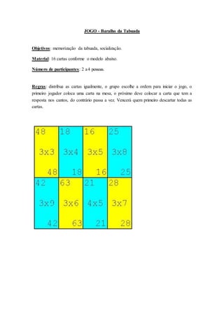JOGO - Baralho da Tabuada
Objetivos: memorização da tabuada, socialização.
Material: 16 cartas conforme o modelo abaixo.
Número de participantes: 2 a4 pessoas.
Regras: distribua as cartas igualmente, o grupo escolhe a ordem para iniciar o jogo, o
primeiro jogador coloca uma carta na mesa, o próximo deve colocar a carta que tem a
resposta nos cantos, do contrário passa a vez. Vencerá quem primeiro descartar todas as
cartas.
 