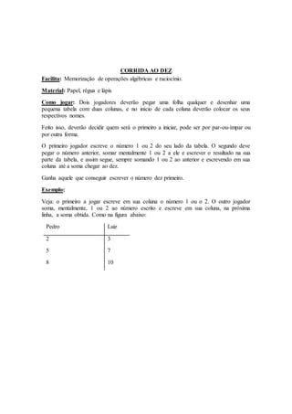 CORRIDA AO DEZ
Facilita: Memorização de operações algébricas e raciocínio.
Material: Papel, régua e lápis
Como jogar: Dois jogadores deverão pegar uma folha qualquer e desenhar uma
pequena tabela com duas colunas, e no início de cada coluna deverão colocar os seus
respectivos nomes.
Feito isso, deverão decidir quem será o primeiro a iniciar, pode ser por par-ou-ímpar ou
por outra forma.
O primeiro jogador escreve o número 1 ou 2 do seu lado da tabela. O segundo deve
pegar o número anterior, somar mentalmente 1 ou 2 a ele e escrever o resultado na sua
parte da tabela, e assim segue, sempre somando 1 ou 2 ao anterior e escrevendo em sua
coluna até a soma chegar ao dez.
Ganha aquele que conseguir escrever o número dez primeiro.
Exemplo:
Veja: o primeiro a jogar escreve em sua coluna o número 1 ou o 2. O outro jogador
soma, mentalmente, 1 ou 2 ao número escrito e escreve em sua coluna, na próxima
linha, a soma obtida. Como na figura abaixo:
Pedro Luiz
2 3
5 7
8 10
 