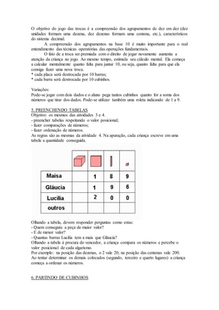 O objetivo do jogo das trocas é a compreensão dos agrupamentos de dez em dez (dez
unidades formam uma dezena, dez dezenas formam uma centena, etc.), característicos
do sistema decimal.
A compreensão dos agrupamentos na base 10 é muito importante para o real
entendimento das técnicas operatórias das operações fundamentais.
O fato de a troca ser premiada com o direito de jogar novamente aumenta a
atenção da criança no jogo. Ao mesmo tempo, estimula seu cálculo mental. Ela começa
a calcular mentalmente quanto falta para juntar 10, ou seja, quanto falta para que ela
consiga fazer uma nova troca.
* cada placa será destrocada por 10 barras;
* cada barra será destrocada por 10 cubinhos.
Variações:
Pode-se jogar com dois dados e o aluno pega tantos cubinhos quanto for a soma dos
números que tirar dos dados. Pode-se utilizar também uma roleta indicando de 1 a 9.
5. PREENCHENDO TABELAS
Objetivo: os mesmos das atividades 3 e 4.
- preencher tabelas respeitando o valor posicional;
- fazer comparações de números;
- fazer ordenação de números.
As regras são as mesmas da atividade 4. Na apuração, cada criança escreve em uma
tabela a quantidade conseguida.
Olhando a tabela, devem responder perguntas como estas:
- Quem conseguiu a peça de maior valor?
- E de menor valor?
- Quantas barras Lucilia tem a mais que Gláucia?
Olhando a tabela à procura do vencedor, a criança compara os números e percebe o
valor posicional de cada algarismo.
Por exemplo: na posição das dezenas, o 2 vale 20; na posição das centenas vale 200.
Ao tentar determinar os demais colocados (segundo, terceiro e quarto lugares) a criança
começa a ordenar os números.
6. PARTINDO DE CUBINHOS
 