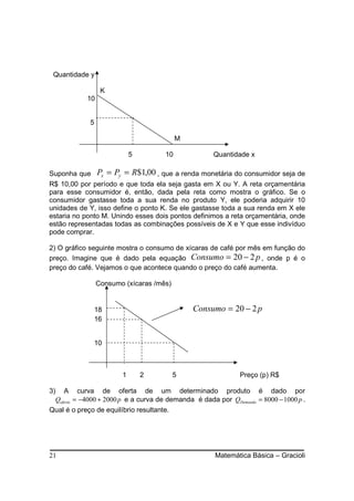 Quantidade y

                  K
            10


             5

                                           M

                            5         10              Quantidade x

Suponha que      Px = Py = R$1,00 , que a renda monetária do consumidor seja de
R$ 10,00 por período e que toda ela seja gasta em X ou Y. A reta orçamentária
para esse consumidor é, então, dada pela reta como mostra o gráfico. Se o
consumidor gastasse toda a sua renda no produto Y, ele poderia adquirir 10
unidades de Y, isso define o ponto K. Se ele gastasse toda a sua renda em X ele
estaria no ponto M. Unindo esses dois pontos definimos a reta orçamentária, onde
estão representadas todas as combinações possíveis de X e Y que esse indivíduo
pode comprar.

2) O gráfico seguinte mostra o consumo de xícaras de café por mês em função do
preço. Imagine que é dado pela equação Consumo = 20 − 2 p , onde p é o
preço do café. Vejamos o que acontece quando o preço do café aumenta.

                 Consumo (xícaras /mês)


               18                              Consumo = 20 − 2 p
               16


               10



                        1       2          5                   Preço (p) R$

3) A curva de oferta de um determinado produto é dado por
  Qoferta = −4000 + 2000 p e a curva de demanda é dada por QDemanda = 8000 − 1000 p .
Qual é o preço de equilíbrio resultante.




21                                                     Matemática Básica – Gracioli
 