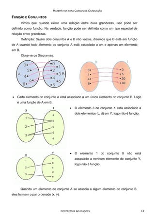 MATEMÁTICA PARA CURSOS DE GRADUAÇÃO

FUNÇÃO E CONJUNTOS
Vimos que quando existe uma relação entre duas grandezas, isso pode ser
definido como função. Na verdade, função pode ser definida como um tipo especial de
relação entre grandezas.
Definição: Sejam dois conjuntos A e B não vazios, dizemos que B está em função
de A quando todo elemento do conjunto A está associado a um e apenas um elemento
em B.
Observe os Diagramas.

•

Cada elemento do conjunto A está associado a um único elemento do conjunto B. Logo
é uma função de A em B.

•

O elemento 3 do conjunto X está associado a
dois elementos (c, d) em Y, logo não é função.

•

O elemento 1 do conjunto X não está
associado a nenhum elemento do conjunto Y,
logo não é função.

Quando um elemento do conjunto A se associa a algum elemento do conjunto B,
eles formam o par ordenado (x; y).

CONTEXTO & APLICAÇÕES

44

 