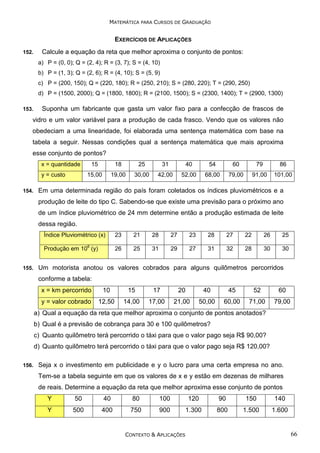 MATEMÁTICA PARA CURSOS DE GRADUAÇÃO

EXERCÍCIOS DE APLICAÇÕES
152.

Calcule a equação da reta que melhor aproxima o conjunto de pontos:
a) P = (0, 0); Q = (2, 4); R = (3, 7); S = (4, 10)
b) P = (1, 3); Q = (2, 6); R = (4, 10); S = (5, 9)
c) P = (200, 150); Q = (220, 180); R = (250, 210); S = (280, 220); T = (290, 250)
d) P = (1500, 2000); Q = (1800, 1800); R = (2100, 1500); S = (2300, 1400); T = (2900, 1300)

153.

Suponha um fabricante que gasta um valor fixo para a confecção de frascos de

vidro e um valor variável para a produção de cada frasco. Vendo que os valores não
obedeciam a uma linearidade, foi elaborada uma sentença matemática com base na
tabela a seguir. Nessas condições qual a sentença matemática que mais aproxima
esse conjunto de pontos?
x = quantidade

154.

18

25

31

40

54

60

79

86

15,00

y = custo

15

19,00

30,00

42,00

52,00

68,00

79,00

91,00

101,00

Em uma determinada região do país foram coletados os índices pluviométricos e a
produção de leite do tipo C. Sabendo-se que existe uma previsão para o próximo ano
de um índice pluviométrico de 24 mm determine então a produção estimada de leite
dessa região.
Índice Pluviométrico (x)

21

28

27

23

28

27

22

26

25

Produção em 106 (y)
155.

23
26

25

31

29

27

31

32

28

30

30

Um motorista anotou os valores cobrados para alguns quilômetros percorridos
conforme a tabela:
x = km percorrido

10

15

17

20

40

45

52

60

y = valor cobrado

12,50

14,00

17,00

21,00

50,00

60,00

71,00

79,00

a) Qual a equação da reta que melhor aproxima o conjunto de pontos anotados?
b) Qual é a previsão de cobrança para 30 e 100 quilômetros?
c) Quanto quilômetro terá percorrido o táxi para que o valor pago seja R$ 90,00?
d) Quanto quilômetro terá percorrido o táxi para que o valor pago seja R$ 120,00?
156.

Seja x o investimento em publicidade e y o lucro para uma certa empresa no ano.
Tem-se a tabela seguinte em que os valores de x e y estão em dezenas de milhares
de reais. Determine a equação da reta que melhor aproxima esse conjunto de pontos
Y

50

40

80

100

120

90

150

140

Y

500

400

750

900

1.300

800

1.500

1.600

CONTEXTO & APLICAÇÕES

66

 
