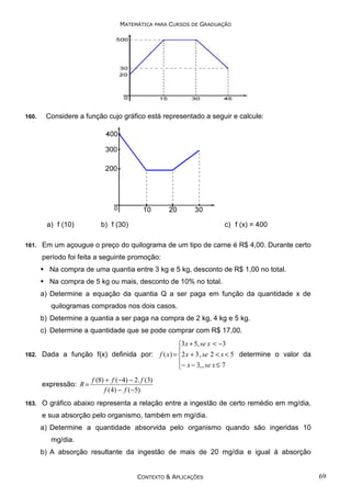 MATEMÁTICA PARA CURSOS DE GRADUAÇÃO

160.

Considere a função cujo gráfico está representado a seguir e calcule:

a) f (10)
161.

b) f (30)

c) f (x) = 400

Em um açougue o preço do quilograma de um tipo de carne é R$ 4,00. Durante certo
período foi feita a seguinte promoção:
Na compra de uma quantia entre 3 kg e 5 kg, desconto de R$ 1,00 no total.
Na compra de 5 kg ou mais, desconto de 10% no total.
a) Determine a equação da quantia Q a ser paga em função da quantidade x de
quilogramas comprados nos dois casos.
b) Determine a quantia a ser paga na compra de 2 kg, 4 kg e 5 kg.
c) Determine a quantidade que se pode comprar com R$ 17,00.

3x + 5, se x < −3

162. Dada a função f(x) definida por: f ( x ) = 2 x + 3 , se 2 < x < 5 determine o valor da
− x − 3, , se x ≤ 7

expressão: R =
163.

f (8) + f (−4) − 2. f (3)
f (4) − f (−5)

O gráfico abaixo representa a relação entre a ingestão de certo remédio em mg/dia,
e sua absorção pelo organismo, também em mg/dia.
a) Determine a quantidade absorvida pelo organismo quando são ingeridas 10
mg/dia.
b) A absorção resultante da ingestão de mais de 20 mg/dia e igual á absorção

CONTEXTO & APLICAÇÕES

69

 