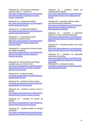 32
Videoaula 38 – adicionando e subtraindo
números mistos 1 – exemplo 2
http://www.fundacaolemann.org.br/khanportu
gues/adicionando-e-subtraindo-numeros-
mistos-1-exemplo-2
Videoaula 39 – comparando frações
http://www.fundacaolemann.org.br/khanportu
gues/comparando-fracoes
Videoaula 40 – comparando frações 2
http://www.fundacaolemann.org.br/khanportu
gues/comparando-fracoes-2
Videoaula 41 – comparando frações
impróprias e números mistos
http://www.fundacaolemann.org.br/khanportu
gues/comparando-fracoes-improprias-e-
numeros-mistos
Videoaula 42 – convertendo números mistos
em frações impróprias
http://www.fundacaolemann.org.br/khanportu
gues/convertendo-numeros-mistos-em-
fracoes-improprias
Videoaula 43 –transformando uma fração
imprópria para um número misto
http://www.fundacaolemann.org.br/khanportu
gues/transformando-uma-fracao-impropria-
para-um-numero-misto
Videoaula 44 – dividindo frações
http://www.fundacaolemann.org.br/khanportu
gues/dividindo-fracoes
Videoaula 45 – dividindo números mistos
http://www.fundacaolemann.org.br/khanportu
gues/dividindo-numeros-mistos
Videoaula 46 – dividindo números mistos e
frações
http://www.fundacaolemann.org.br/khanportu
gues/dividindo-numeros-mistos-e-fracoes
Videoaula 47 – exemplo de divisão de
frações
http://www.fundacaolemann.org.br/khanportu
gues/exemplo-de-divisao-de-fracoes
Videoaula 48 – problema prático de divisão
de frações
http://www.fundacaolemann.org.br/khanportu
gues/problema-pratico-de-divisao-de-fracoes
Videoaula 49 – problema prático de
multiplicação de frações
http://www.fundacaolemann.org.br/khanportu
gues/problema-pratico-de-multiplicacao-de-
fracoes
Videoaula 50 – somando números mistos
com denominadores diferentes
http://www.fundacaolemann.org.br/khanportu
gues/somando-numeros-mistos-com-
denominadores-diferentes
Videoaula 51 – somando e subtraindo
frações com denominadores diferentes
http://www.fundacaolemann.org.br/khanportu
gues/somando-fracoes-com-denominadores-
diferentes
Videoaula 52 – somando frações com sinais
diferentes
http://www.fundacaolemann.org.br/khanportu
gues/somando-fracoes-com-sinais-diferentes
Videoaula 53 – problema de expoentes
envolvendo quocientes
http://www.fundacaolemann.org.br/khanportu
gues/propriedades-do-expoente-envolvendo-
quocientes
Videoaula 54 – subtraindo frações
http://www.fundacaolemann.org.br/khanportu
gues/subtraindo-fracoes
 