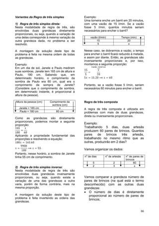 66
Variantes da Regra de três simples
1) Regra de três simples direta:
Nesta modalidade de regra de três, são
envolvidas duas grandezas diretamente
proporcionais, ou seja, quando a variação de
uma delas corresponde à mesma variação da
outra grandeza dada, no problema a ser
resolvido.
A montagem da solução deste tipo de
problema é feita na mesma ordem de todas
as grandezas.
Exemplo:
Em um dia de sol, Janete e Paulo mediram
suas sombras. Janete tem 165 cm de altura e
Paulo, 180 cm. Sabendo que, em
determinado horário, o comprimento da
sombra de Paulo era 60 cm, qual era o
comprimento da sompra de Janete?
(Considere que o comprimento da sombra,
em determinado instante, é proporcional à
altura da pessoa).
Altura da pessoa (cm) Comprimento da
sombra (cm)
Janete = 165 cm x
Paulo = 180 cm 60 cm
Como as grandezas são diretamente
proporcionais, podemos montar a seguinte
proporção:
Aplicando a propriedade fundamental das
proporções e resolvendo a equação:
Portanto, nesse horário, a sombra de Janete
tinha 55 cm de comprimento.
2) Regra de três simples inversa:
Nesta modalidade de regra de três são
envolvidas duas grandezas inversamente
proporcionais, ou seja, quando existe a
variação de uma das grandezas a outra
varia, porém de forma contrária, mais na
mesma proporção.
A montagem da solução deste tipo de
problema é feita invertendo as ordens das
grandezas.
Exemplo:
Uma torneira enche um barril em 20 minutos,
com uma vazão de 15 l/min. Se a vazão
fosse 5 l/min, quantos minutos seriam
necessários para encher o barril?
vazão (l/min) Tempo (min)
15 20
5 x
Nesse caso, se dobrarmos a vazão, o tempo
para encher o barril ficará reduzido à metade,
e assim por diante. Então, as grandezas são
inversamente proporcionais e, por isso,
montamos a seguinte proporção:
Portanto, se a vazão fosse 5 l/min, seriam
necessários 60 minutos para encher o barril.
Regra de três composta
A regra de três composta é utilizada em
problemas com mais de duas grandezas,
direta ou inversamente proporcionais.
Exemplo:
Trabalhando 5 dias, duas artesãs
produzem 60 pares de brincos. Quantos
pares de brincos três artesãs,
trabalhando no mesmo ritmo que as
outras, produzirão em 2 dias?
Vamos organizar os dados:
no
de dias no
de artesãs no
de pares de
brincos
5 2 60
2 3 x
Vamos comparar a grandeza número de
pares de brincos (na qual está o termo
desconhecido) com as outras duas
grandezas:
 O número de dias é diretamente
proporcional ao número de pares de
brincos;
 