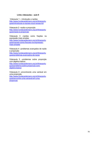 70
Links videoaulas – aula 9
Videoaula 1 – introdução a razões
http://www.fundacaolemann.org.br/khanportu
gues/introducao-a-razoes-nova-versao-hd
Videoaula 2 –razão e proporção
http://www.fundacaolemann.org.br/khanportu
gues/razao-e-proporcao
Videoaula 3 –razões como frações na
expressão mais simples
http://www.fundacaolemann.org.br/khanportu
gues/razoes-como-fracoes-na-expressao-
mais-simples
Videoaula 4 –problemas avançados de razão
e proporção
http://www.fundacaolemann.org.br/khanportu
gues/problemas-avancados-de-razao
Videoaula 5 –problemas sobre proporção
com álgebra básica
http://www.fundacaolemann.org.br/khanportu
gues/problema-sobre-proporcao-com-
algebra-basica
Videoaula 6 –encontrando uma variável em
uma proporção
http://www.fundacaolemann.org.br/khanportu
gues/encontre-uma-variavel-em-uma-
proporcao
 