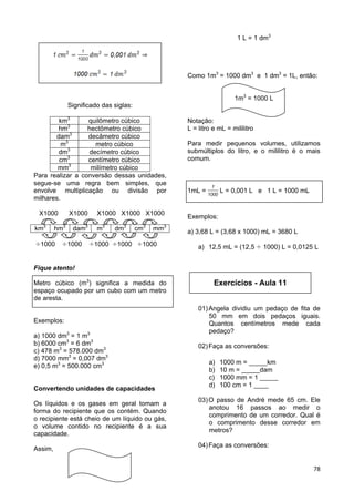78
Significado das siglas:
km3
quilômetro cúbico
hm3
hectômetro cúbico
dam3
decâmetro cúbico
m3
metro cúbico
dm3
decímetro cúbico
cm3
centímetro cúbico
mm3
milímetro cúbico
Para realizar a conversão dessas unidades,
segue-se uma regra bem simples, que
envolve multiplicação ou divisão por
milhares.
X1000 X1000 X1000 X1000 X1000
km3
hm3
dam3
m3
dm3
cm3
mm3
1000 1000 1000 1000 1000
Fique atento!
Metro cúbico (m3
) significa a medida do
espaço ocupado por um cubo com um metro
de aresta.
Exemplos:
a) 1000 dm3
= 1 m3
b) 6000 cm3
= 6 dm3
c) 478 m3
= 578.000 dm3
d) 7000 mm3
= 0,007 dm3
e) 0,5 m3
= 500.000 cm3
Convertendo unidades de capacidades
Os líquidos e os gases em geral tomam a
forma do recipiente que os contém. Quando
o recipiente está cheio de um líquido ou gás,
o volume contido no recipiente é a sua
capacidade.
Assim,
1 L = 1 dm3
Como 1m3
= 1000 dm3
e 1 dm3
= 1L, então:
1m3
= 1000 L
Notação:
L = litro e mL = mililitro
Para medir pequenos volumes, utilizamos
submúltiplos do litro, e o mililitro é o mais
comum.
1mL = L = 0,001 L e 1 L = 1000 mL
Exemplos:
a) 3,68 L = (3,68 x 1000) mL = 3680 L
a) 12,5 mL = (12,5 1000) L = 0,0125 L
01)Angela dividiu um pedaço de fita de
50 mm em dois pedaços iguais.
Quantos centímetros mede cada
pedaço?
02)Faça as conversões:
a) 1000 m = _____km
b) 10 m = _____dam
c) 1000 mm = 1 _____
d) 100 cm = 1 ____
03)O passo de André mede 65 cm. Ele
anotou 16 passos ao medir o
comprimento de um corredor. Qual é
o comprimento desse corredor em
metros?
04)Faça as conversões:
Exercícios - Aula 11
 