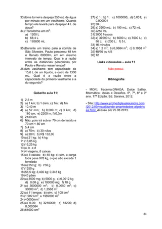 81
33)Uma torneira despeja 250 mL de água
por minuto em um vasilhame. Quanto
tempo ela levará para despejar 4 L de
água?
34)Transforme em m3
:
a) 1200 L
b) 68,4 L
c) 195800 mL
35)Durante um treino para a corrida de
São Silvestre, Paulo percorreu 48 km
e Renato 60000m, em um mesmo
intervalo de tempo. Qual é a razão
entre as distâncias percorridas por
Paulo e Renato nesse tempo?
36)Um vasilhame tem capacidade de
15,6 L de um líquido, e outro de 1300
mL. Qual é a razão entre a
capacidade do primeiro vasilhame e a
do segundo?
Gabarito aula 11:
1) 2,5 m
2) a) 1 km; b) 1 dam; c) 1m; d) 1m
3) 10,40 m
4) a) 52 mm; b) 0,009 m; c) 3 km; d)
180 cm; e) 2300 m; f) 0,3m
5) 2139 km
6) Não, pois irá sobrar 70 cm de tecido e
70 cm < 80 cm
7) 5,4 cm
8) a) 75m; b) 30 rolos
9) a) 20m; b) R$ 132,00
10)a) 21 kg; b) 4 kg
11)13,85 kg
12)16,25 kg
13)a, b e d
14)4 viagens, 6 caixas
15)a) 8 caixas; b) 40 kg; c) sim, a carga
toda pesa 978 kg, o que não excede 1
tonelada
16)a) 250 g; b) 750 g
17)1250 g
18)56,5 kg; 3,400 kg; 0,345 kg
19)43 pães
20)a) 3500 mg; b) 5000 g; c) 0,0012 kg
d) 0,08 g; e) 100000 mg; f) 18 g
21)a) 3000000 m2
; b) 0,0050 m2
; c)
30000 m2
; d) 1,3568 m2
22)a) 11 lenços; b) sim; c) 100 cm2
23)1,982 km2
e 1982000 m2
24)40000mm2
25)a) 0,05; b) 3210000; c) 18200; d)
0,000584
26)64000 cm3
27)a) 1; b) 1; c) 1000000; d) 0,001; e)
0,000001
28)20 L
29)a) 3500 mL; b) 190 mL; c) 72 mL
30)2250 mL
31)2000 frascos
32)a) 37000 L; b) 6000 L; c) 7500 L; d)
86 L; e) 200 L; f) 5 L
33)16 minutos
34)a) 1,2 m3
; b) 0,0684 m3
; c) 0,1958 m3
35)48/60 ou 4/5
36)12
Links videoaulas – aula 11
Não possui.
Bibliografia
- MORI, Iracema;ONAGA, Dulce Satiko.
Mtemática: Idéias e Desafios. 6º, 7º, 8º e 9º
ano. 17ª Edição. Ed. Saraiva, 2012.
- Site: http://www.prof-edigleyalexandre.com
/2012/09/visualizando-propriedades-algebric
as.html Acesso em 25.08.2013
 