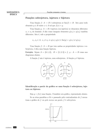 Fun¸oes composta e inversa
                                              c˜


               Fun¸˜es sobrejetora, injetora e bijetora
                  co

                    Uma fun¸˜o f : A → B ´ sobrejetora se Im(f ) = B. Isto para todo
                            ca              e
               elemento y ∈ B existe x ∈ A tal que f (x) = y.
                     Uma fun¸˜o g : A → B ´ injetora (ou injetiva) se elementos diferentes
                              ca              e
               x1 e x2 do dom´  ınio A d˜o como imagens elementos g(x1 ) e g(x2 ) tamb´m
                                          a                                            e
               diferentes. Isto ´, vale a propriedade:
                                e

                       x1 , x2 ∈ A, x1 = x2 ⇒ g(x1 ), g(x) ∈ Im(g) e g(x1 ) = g(x2 ).


                     Uma fun¸˜o f : A → B que tem ambas as propriedades injetora e so-
                              ca
               brejetora, ´ dita uma fun¸˜o bijetora.
                          e             ca
               Exemplos: Sejam A = {0, 1, 2}, B = {1, 2, 3} e f, g : A → B como nos
               diagramas abaixo.
                    A fun¸˜o f n˜o ´ injetora, nem sobrejetora. A fun¸˜o g ´ bijetora.
                         ca     a e                                  ca    e

                                            f                       g
                                     A             B          A            B

                                      0                1      0                1


                                      1                2      1                2

                                      2                3      2                3


                                           D=A                     D=A
                                          Im = B                  Im = B




               Identiﬁca¸˜o a partir do gr´ﬁco se uma fun¸˜o ´ sobrejetora, inje-
                        ca                a              ca e
               tora ou bijetora

                    Seja y = f (x) uma fun¸˜o. Considere seu gr´ﬁco, representado abaixo.
                                          ca                   a
                    Se as retas paralelas a Ox e passando pelo contradom´
                                                                        ınio de f encon-
               tram o gr´ﬁco de f em pelo menos um ponto, f ´ sobrejetora.
                        a                                     e




CEDERJ   162
 