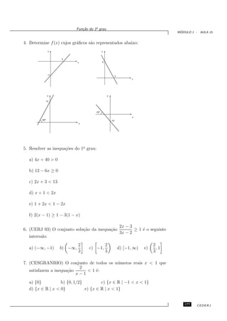 o
                          Fun¸˜o do 1¯ grau
                             ca
                                                                                            ´
                                                                                           MODULO 1 - AULA 15


4. Determine f (x) cujos gr´ﬁcos s˜o representados abaixo:
                           a      a
               y                              y


                    5
                             x                6




               -3
                                                            3
                                                                       x




               y                                  y

           12



                                        45º

                                                                       x
         60º                                          -10
                             x




5. Resolver as inequa¸˜es do 1o grau:
                     co       ¯


  a) 4x + 40 > 0

  b) 12 − 6x ≥ 0

  c) 2x + 3 < 13

  d) x + 1 < 2x

  e) 1 + 2x < 1 − 2x

  f) 2(x − 1) ≥ 1 − 3(1 − x)

                                                                 2x − 3
6. (UERJ 93) O conjunto solu¸˜o da inequa¸˜o
                            ca           ca                             ≥ 1 ´ o seguinte
                                                                            e
                                                                 3x − 2
  intervalo:
                             2                    2                               2
  a) (−∞, −1)       b) −∞,       c) −1,                         d) [−1, ∞)   e)     ,1
                             3                    3                               3

7. (CESGRANRIO) O conjunto de todos os n´ meros reais x < 1 que
                                        u
                           2
   satisfazem a inequa¸˜o
                      ca      < 1 ´:
                                  e
                          x−1
  a) {0}          b) {0, 1/2}         c) {x ∈ R | −1 < x < 1}
  d) {x ∈ R | x < 0}          e) {x ∈ R | x < 1}


                                                                                              177    CEDERJ
 