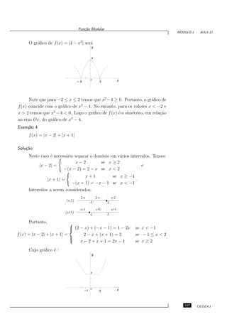 Fun¸˜o Modular
                                        ca
                                                                                   ´
                                                                                  MODULO 1 - AULA 17


     O gr´ﬁco de f (x) = |4 − x2 | ser´
         a                            a




                                            0




      Note que para −2 ≤ x ≤ 2 temos que x2 −4 ≥ 0. Portanto, o gr´ﬁco de
                                                                    a
                                2
f (x) coincide com o gr´ﬁco de x − 4. No entanto, para os valores x < −2 e
                       a
                   2
x > 2 temos que x − 4 < 0. Logo o gr´ﬁco de f (x) ´ o sim´trico, em rela¸˜o
                                     a            e      e              ca
                           2
ao eixo Ox, do gr´ﬁco de x − 4.
                  a
Exemplo 4
     f (x) = |x − 2| + |x + 1|

Solu¸˜o:
    ca
     Neste caso ´ necess´rio separar o dom´ em v´rios intervalos. Temos:
                e       a                 ınio     a
                             x−2          se x ≥ 2
          |x − 2| =                                         e
                       −(x − 2) = 2 − x se x < 2
                                      x+1         se x ≥ −1
                 |x + 1| =                                  .
                                −(x + 1) = −x − 1 se x < −1
     Intervalos a serem considerados:
                                      2-x        2-x       x-2
                             |x-2|
                                            -1         2

                                     -x-1        x+1       x+1
                             |x+1|
                                            -1         2

     Portanto,              
                             (2 − x) + (−x − 1) = 1 − 2x
                                                                se x < −1
f (x) = |x − 2| + |x + 1| =        2 − x + (x + 1) = 3           se − 1 ≤ x < 2
                            
                            
                                 x − 2 + x + 1 = 2x − 1          se x ≥ 2
     Cujo gr´ﬁco ´ :
            a    e




                                            0




                                                                                     197    CEDERJ
 
