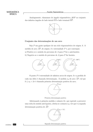 Fun¸oes Trigonom´tricas
                                              c˜           e


                     Analogamente, chamamos de ˆngulo trignom´trico AOP ao conjunto
                                                    a             e
                                                    − →                −→
               dos inﬁnitos ˆngulos de lado inicial OA e lado terminal OP .
                            a

                                               P

                                                                    A
                                                   O




               Conjunto das determina¸˜es de um arco
                                     co

                    Seja P um ponto qualquer de um ciclo trigonom´trico de origem A. A
                                                                 e
                               ⌢
               medida do arco AP , de origem A e extremidade P ´, por conven¸˜o:
                                                               e            ca
               a) Positivo se o sentido do percursso de A para P for o anti-hor´rio.
                                                                               a
               b) Negativo se o sentido de percursso de A para P for hor´rio.
                                                                        a

                                   P                     P (60◦ )           P (−300◦)

                                 60◦                   60◦                 60◦
                                       A                       A                 A




                    O ponto P ´ extremidade de inﬁnitos arcos de origem A e a medida de
                              e
                                                                                 ⌢
               cada um deles ´ chamada determina¸˜o. A medida α0 do arco AP , tal que
                             e                   ca
               0 ≤ α0 < 2π ´ chamada primeira determina¸˜o positiva do arco.
                           e                           ca
                                                         P (α0 )


                                                                A




                                       Primeira determina¸ao positiva
                                                         c˜

                    Adicionando ` primeira medida o n´ mero 2π, que equivale a percorrer
                                  a                     u
               uma volta do sentido anti-hor´rio, obt´m-se o n´ mero α0 +2π que ´ a segunda
                                            a        e        u                 e
                                           ⌢
               determina¸˜o positiva de AP .
                        ca
                                                             P (α0 + 2π)


                                                                A




         244
                                       Segunda determina¸ao positiva
                                                        c˜
CEDERJ
 