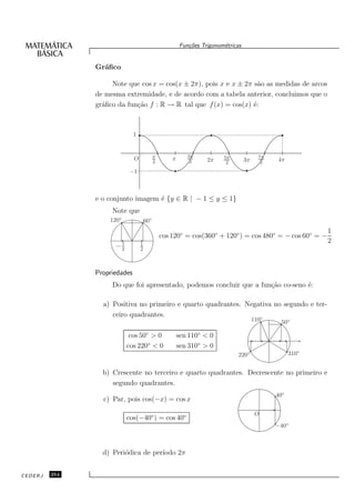 Fun¸oes Trigonom´tricas
                                                           c˜           e


               Gr´ﬁco
                 a

                    Note que cos x = cos(x ± 2π), pois x e x ± 2π s˜o as medidas de arcos
                                                                    a
               de mesma extremidade, e de acordo com a tabela anterior, concluimos que o
               gr´ﬁco da fun¸˜o f : R → R tal que f (x) = cos(x) ´:
                 a          ca                                    e



                              1


                                            π              3π           5π               7π
                              O             2
                                                    π       2     2π              3π          4π
                                                                         2                2
                          −1



               e o conjunto imagem ´ {y ∈ R | − 1 ≤ y ≤ 1}
                                   e
                    Note que
                   120◦               60◦
                                                                                                           1
                                                cos 120◦ = cos(360◦ + 120◦ ) = cos 480◦ = − cos 60◦ = −
                                                                                                           2
                     −1
                      2
                                  1
                                  2




               Propriedades
                    Do que foi apresentado, podemos concluir que a fun¸˜o co-seno ´:
                                                                      ca          e

                 a) Positiva no primeiro e quarto quadrantes. Negativa no segundo e ter-
                    ceiro quadrantes.                             ◦
                                                                                       110     50◦

                           cos 50◦ > 0                  sen 110◦ < 0
                          cos 220◦ < 0                  sen 310◦ > 0
                                                                             220◦                   310◦


                 b) Crescente no terceiro e quarto quadrantes. Decrescente no primeiro e
                    segundo quadrantes.
                                                                                              40◦
                 c) Par, pois cos(−x) = cos x

                                                                                        O
                          cos(−40◦ ) = cos 40◦
                                                                                              −40◦



                 d) Peri´dica de per´
                        o           ıodo 2π


CEDERJ   254
 