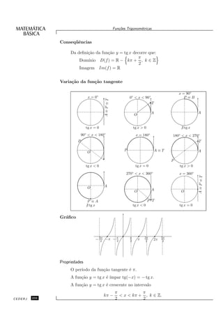 Fun¸oes Trigonom´tricas
                                                     c˜           e


               Conseq¨ˆncias
                     ue

                    Da deﬁni¸˜o da fun¸˜o y = tg x decorre que:
                            ca        ca
                                                      π
                        Dom´ınio D(f ) = R − kπ + , k ∈ Z
                                                      2
                        Imagem Im(f ) = R


               Varia¸˜o da fun¸˜o tangente
                    ca        ca

                                                                                             x = 90◦
                               x = 0◦                       0◦ < x < 90◦                        P ≡B

                                         A≡P ≡T
                                                                              T

                                                                              A                         A
                                                                O


                              tg x = 0                          tg x > 0                      ∃ tg x
                            90◦ < x < 180◦                       x = 180◦                180◦ < x < 270◦
                        P                                                                               T

                                                        P                         A≡T                   A
                               O

                                                                                         P
                              tg x < 0                           tg x = 0                    tg x > 0

                                                          270◦ < x < 360◦                    x = 360◦




                                                                                                        A≡P ≡T
                               O         A
                                                                 O            A               O

                               P ≡A                                        P T
                               ∃ tg x                           tg x < 0                     tg x = 0


               Gr´ﬁco
                 a



                                    − 3π −π − π
                                       2      2
                                                            π
                                                            2
                                                                     π   3π
                                                                          2   2π    5π
                                                                                     2




               Propriedades
                    O per´
                         ıodo da fun¸˜o tangente ´ π.
                                    ca           e
                                      e ımpar tg(−x) = − tg x.
                    A fun¸˜o y = tg x ´ ´
                         ca
                    A fun¸˜o y = tg x ´ crescente no intervalo
                         ca           e
                                                   π           π
                                         kπ −        < x < kπ + , k ∈ Z.
CEDERJ   256                                       2           2
 