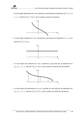............................................................. Centro Federal de Educação Tecnológica de Minas Gerais. Campus VIII - Varginha



− f é uma função decrescente em I se, e somente se, para todo par de elementos de I,                                                    { x1 , x 2 } ,
   x 2 > x1 , tivermos f ( x 2 ) < f ( x1 ) , isto é, quando x aumenta, f(x) diminui.




− f é uma função constante em I se, e somente se, para todo par de elementos                                                    { x1 , x 2 }   de I,

   tivermos     f ( x1 ) = f ( x 2 ) .




− f é uma função não crescente em I se, e somente se, para todo par de elementos de I,

   { x1 , x 2 } ,   x 2 > x1 , tivermos f ( x 2 ) ≤ f ( x1 ) , isto é, quando x aumenta, f(x) não aumenta.




− f é uma função não decrescente em I se, e somente se, para todo par de elementos de I,

   { x1 , x 2 } ,   x 2 > x1 , tivermos f ( x 2 ) ≥ f ( x1 ) , isto é, quando x aumenta, f(x) não diminui.




        Curso Pro-Técnico - Disciplina: Matemática - Professores Antônio José B. Bottion e Paulo Henrique C. Pereira                              80
 