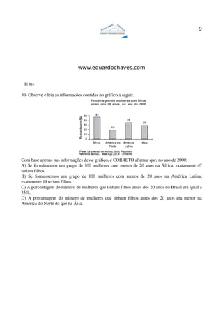 9




                                   www.eduardochaves.com




10­ Observe e leia as informações contidas no gráfico a seguir. 




Com base apenas nas informações desse gráfico, é CORRETO afirmar que, no ano de 2000:
A) Se formássemos um grupo de 100 mulheres com menos de 20 anos na África, exatamente 47 
teriam filhos.
B)   Se   formássemos   um   grupo   de   100   mulheres   com   menos   de   20   anos   na   América   Latina, 
exatamente 19 teriam filhos.
C) A porcentagem do número de mulheres que tinham filhos antes dos 20 anos no Brasil era igual a 
35%.
D)   A  porcentagem do número de mulheres que tinham filhos antes dos 20 anos era menor  na 
América do Norte do que na Ásia.
 
