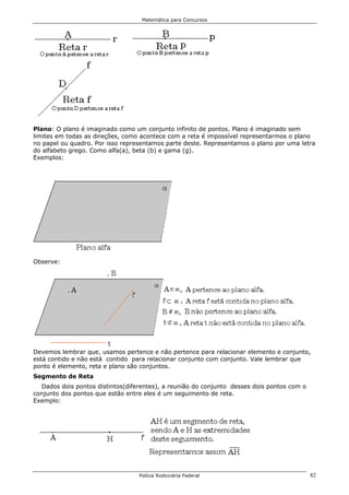Matemática para Concursos




Plano: O plano é imaginado como um conjunto infinito de pontos. Plano é imaginado sem
limites em todas as direções, como acontece com a reta é impossível representarmos o plano
no papel ou quadro. Por isso representamos parte deste. Representamos o plano por uma letra
do alfabeto grego. Como alfa(a), beta (b) e gama (g).
Exemplos:




Observe:




Devemos lembrar que, usamos pertence e não pertence para relacionar elemento e conjunto,
está contido e não está contido para relacionar conjunto com conjunto. Vale lembrar que
ponto é elemento, reta e plano são conjuntos.
Segmento de Reta
  Dados dois pontos distintos(diferentes), a reunião do conjunto desses dois pontos com o
conjunto dos pontos que estão entre eles é um seguimento de reta.
Exemplo:




                                  Polícia Rodoviária Federal                                82
 