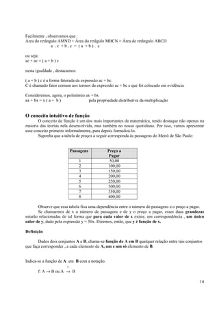 14
Facilmente , observamos que :
Área do retângulo AMND + Área do retâgulo MBCN = Área do retângulo ABCD
a . c + b . c = ( a + b ) . c
ou seja:
ac + ac = ( a + b ) c
nesta igualdade , destacamos:
( a + b ) c é a forma fatorada da expressão ac + bc.
C é chamado fator comum aos termos da expressão ac + bc e que foi colocado em evidência
Consideremos, agora, o polinômio ax + bx
ax + bx = x ( a + b ) pela propriedade distributiva da multiplicação
O conceito intuitivo de função
O conceito de função é um dos mais importantes da matemática, tendo destaque não openas na
maioria das teorias nela desenvolvida, mas também no nosso quotidiano. Por isso, vamos apresentar
esse conceito primeiro informalmente, para depois formalizá-lo.
Suponha que a tabela de preços a seguir corresponda às passagens do Metrô de São Paulo:
Passagens Preço a
Pagar
1 50,00
2 100,00
3 150,00
4 200,00
5 250,00
6 300,00
7 350,00
8 400,00
Observe que essa tabela fixa uma dependência entre o número de passagens e o preço a pagar.
Se chamarmos de x o número de passagens e de y o preço a pagar, esses duas grandezas
estarão relacionadas de tal forma que para cada valor de x existe, um correspondência , um único
calor de y, dado pela expressão y = 50x. Dizemos, então, que y é função de x.
Definição
Dados dois conjuntos A e B, chama-se função de A em B qualquer relação entre tais conjuntos
que faça corresponder , a cada elemento de A, um e um só elemento de B.
Indica-se a função de A em B com a notação.
f
f: A → B ou A → B
 