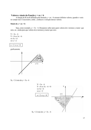 17
Valores e sinais da Função y = ax + b
A função de R em R definida pela fórmula y = ax + b assume infinitos valores, quando x varia
no campo real. É necessário, então , conhecer a variação desses valores.
Sinais de y = ax + b
Seja, como exemplo, y = 3x – 6. Desejamos saber para quais valores de x teremos y maior que
zero, ou , ainda para que valores de x teremos y menor que zero.
Y = 3x – 6
Y > 0 ⇔ 3x > 6
⇔ 3x > 6
⇔ x > 2
x > 2 ⇒ y > 0
graficamente
X0 = 2 é raiz de y = 3x - 6
Y = 3x – 6
Y < 0 ⇔ 3x – 6 < 0
⇔ 3x < 6
⇔ x < 2
x < 2 ⇒ y < 0
X0 = 2 é raiz de y = 3x – 6
 