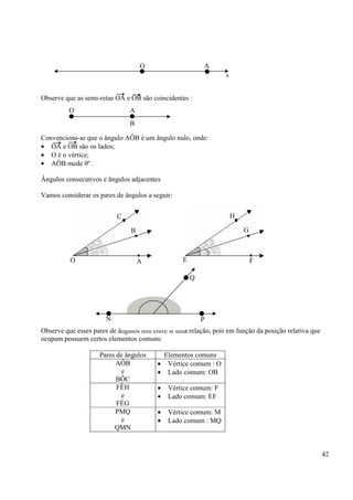 42
Observe que as semi-retas OA e OB são coincidentes :
Convenciona-se que o ângulo AÔB é um ângulo nulo, onde:
• OA e OB são os lados;
• O é o vértice;
• AÔB mede 0º .
Ângulos consecutivos e ângulos adjacentes
Vamos considerar os pares de ângulos a seguir:
Observe que esses pares de ângulos têm entre si uma relação, pois em função da posição relativa que
ocupam possuem certos elementos comuns:
Pares de ângulos Elementos comuns
AÔB
e
BÔC
• Vértice comum : O
• Lado comum: OB
FÊH
e
FÊG
• Vértice comum: F
• Lado comum: EF
PMQ
e
QMN
• Vértice comum: M
• Lado comum : MQ
O A
s
O A
B
C
B
AO
H
G
FE
MN P
Q
 