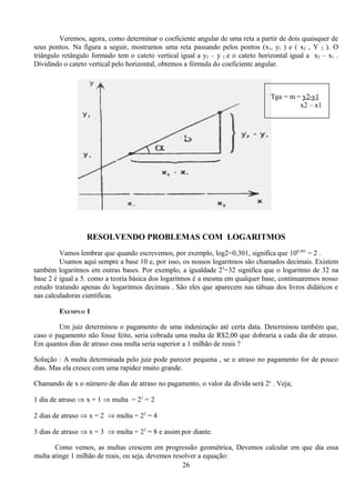 Veremos, agora, como determinar o coeficiente angular de uma reta a partir de dois quaisquer de
seus pontos. Na figura a seguir, mostramos uma reta passando pelos pontos (x1, y1 ) e ( x2 , Y 2 ). O
triângulo retângulo formado tem o cateto vertical igual a y2 – y 1 e o cateto horizontal igual a x2 – x1 .
Dividindo o cateto vertical pelo horizontal, obtemos a fórmula do coeficiente angular.



                                                                                  Tga = m = y2-y1
                                                                                           x2 – x1




                  RESOLVENDO PROBLEMAS COM LOGARITMOS
         Vamos lembrar que quando escrevemos, por exemplo, log2=0,301, significa que 100,301 = 2 .
         Usamos aqui sempre a base 10 e, por isso, os nossos logaritmos são chamados decimais. Existem
também logaritmos em outras bases. Por exemplo, a igualdade 25=32 significa que o logaritmo de 32 na
base 2 é igual a 5. como a teoria básica dos logaritmos é a mesma em qualquer base, continuaremos nosso
estudo tratando apenas do logaritmos decimais . São eles que aparecem nas tábuas dos livros didáticos e
nas calculadoras cientificas.

        EXEMPLO 1

        Um juiz determinou o pagamento de uma indenização até certa data. Determinou também que,
caso o pagamento não fosse feito, seria cobrada uma multa de R$2,00 que dobraria a cada dia de atraso.
Em quantos dias de atraso essa multa seria superior a 1 milhão de reais ?

Solução : A multa determinada pelo juiz pode parecer pequena , se o atraso no pagamento for de pouco
dias. Mas ela cresce com uma rapidez muito grande.

Chamando de x o número de dias de atraso no pagamento, o valor da dívida será 2x . Veja;

1 dia de atraso ⇒ x = 1 ⇒ multa = 21 = 2

2 dias de atraso ⇒ x = 2 ⇒ multa = 22 = 4

3 dias de atraso ⇒ x = 3 ⇒ multa = 23 = 8 e assim por diante.

       Como vemos, as multas crescem em progressão geométrica, Devemos calcular em que dia essa
multa atinge 1 milhão de reais, ou seja, devemos resolver a equação:
                                                    26
 