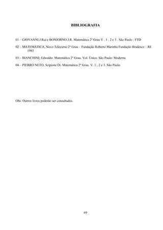 BIBLIOGRAFIA


01 – GIOVANNI.J.Rui e BONJORNO.J.R. Matemática 2º Grau V . 1 . 2 e 3 . São Paulo : FTD

02 – MATEMÁTICA, Novo Telecurso 2º Grau – Fundação Roberto Marinho Fundação Bradesco – RJ.
       1985

03 – BIANCHINI; Edwaldo. Matemática 2º Grau. Vol. Único. São Paulo: Moderna

04 – PIERRO NETO, Scipione Di. Matemática 2º Grau. V. 1 , 2 e 3. São Paulo.




Obs: Outros livros poderão ser consultados.




                                                69
 