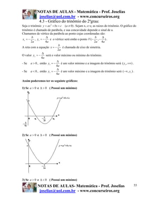 NOTAS DE AULAS - Matemática - Prof. Joselias
             joselias@uol.com.br - www.concurseiros.org
             4.3 - Gráfico do trinômio do 2ªgrau:
Seja o trinômio y = ax 2 + bx + c (a ≠ 0) . Sejam x1 e x2 as raízes do trinômio. O gráfico do
trinômio é chamado de parábola, e sua concavidade depende o sinal de a.
Chamamos de vértice da parábola ao ponto cujas coordenadas são:
        b           Δ                                       b     Δ
 xv = −    , yv = −    e o vértice será então o ponto V (− , − ) .
        2a          4a                                     2a 4a
                              b
A reta com a equação x = −        é chamada de eixo de simetria.
                              2a
                 Δ
O valor yv = −      será o valor máximo ou mínimo do trinômio.
                4a
                             Δ
- Se a > 0 , então yv = −        é um valor mínimo e a imagem do trinômio será ( yv , +∞) .
                            4a
                             Δ
- Se a < 0 , então yv = −        é um valor máximo e a imagem do trinômio será (−∞, yv ) .
                            4a

Assim poderemos ter os seguinte gráficos:

1) Se a > 0 e Δ > 0 ( Possui um mínimo)




2) Se a > 0 e Δ = 0 ( Possui um mínimo)




3) Se a > 0 e Δ < 0 ( Possui um mínimo)

            NOTAS DE AULAS- Matemática - Prof. Joselias                                    55
             joselias@uol.com.br - www.concurseiros.org
 
