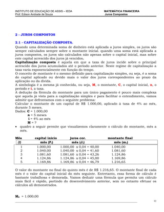 INSTITUTO DE EDUCAÇÃO DE ASSIS – IEDA                             MATEMÁTICA FINANCEIRA
Prof. Edison Andrade de Souza                                     Juros Compostos




2 - JUROS COMPOSTOS

2.1 - CAPITALIZAÇÃO COMPOSTA.
Quando uma determinada soma de dinheiro está aplicada a juros simples, os juros são
sempre calculados sempre sobre o montante inicial. quando uma soma está aplicada a
juros compostos, os juros são calculados não apenas sobre o capital inicial, mas sobre
este capital acrescido dos juros já vencidos.
Capitalização composta é aquela em que a taxa de juros incide sobre o principal
acrescido dos juros acumulados até o período anterior. Neste regime de capitalização a
taxa varia exponencialmente em função do tempo.
O conceito de montante é o mesmo definido para capitalização simples, ou seja, é a soma
do capital aplicado ou devido mais o valor dos juros correspondentes ao prazo da
aplicação ou da divida.
A simbologia é a mesma já conhecida, ou seja, M, o montante, C, o capital inicial, n, o
período e i, a taxa.
A dedução da fórmula do montante para um único pagamento é pouco mais complexa
que aquela já vista para a capitalização simples e para facilitar o entendimento, vamos
admitir que defrontamos com o seguinte problema:
Calcular o montante de um capital de R$ 1.000,00, aplicado à taxa de 4% ao mês,
durante 5 meses.
Dados: C = 1.000,00
        n = 5 meses
        i = 4% ao mês
        M=?
• quadro a seguir permite que visualizemos claramente o cálculo do montante, mês a
   mês.

Mês           capital inicio           juros cor.                    montante final
 (t)             mês (Pt)               mês (Jt)                        mês (mt)
   1           1.000,00          1.000,00 x 0,04     =   40,00        1.040,00
   2           1.040,00          1.040,00 x 0,04     =   41,60        1.081,60
   3           1.081,60          1.081,60 x 0,04     =   43,26        1.124,86
   4           1.124,86          1.124,86 x 0,04     =   45,00        1.169,86
   5           1.169,86          1.169,86 x 0,04     =   46,79        1.216,65

O valor do montante no final do quinto mês é de R$ 1.216,65. O montante final de cada
mês é o valor do capital inicial do mês seguinte. Entretanto, essa forma de cálculo é
bastante trabalhosa e demorada. Vamos deduzir uma fórmula que permita um cálculo
mais fácil e rápido, partindo do desenvolvimento anterior, sem no entanto efetuar os
cálculos ali demonstrados.


M0 = 1.000,00
___________________________________________________________________________________________   11
 
