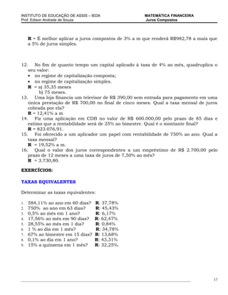 INSTITUTO DE EDUCAÇÃO DE ASSIS – IEDA                             MATEMÁTICA FINANCEIRA
Prof. Edison Andrade de Souza                                     Juros Compostos




     R = É melhor aplicar a juros compostos de 3% a m que renderá R$982,78 a mais que
     a 5% de juros simples.



12. No fim de quanto tempo um capital aplicado à taxa de 4% ao mês, quadruplica o
   seu valor:
   • no regime de capitalização composta;
   • no regime de capitalização simples.
   R = a) 35,35 meses
        b) 75 meses.
13. Uma loja financia um televisor de R$ 390,00 sem entrada para pagamento em uma
   única prestação de R$ 700,00 no final de cinco meses. Qual a taxa mensal de juros
   cobrada por ela?
   R = 12,41% a m
14. Fiz uma aplicação em CDB no valor de R$ 600.000,00 pelo prazo de 85 dias e
   estimo que a rentabilidade será de 25% ao bimestre. Qual é o montante final?
   R = 823.076,91.
15. Foi oferecido a um aplicador um papel com rentabilidade de 750% ao ano. Qual a
   taxa mensal?
   R = 19,52% a m.
16. Qual o valor dos juros correspondentes a um empréstimo de R$ 2.700,00 pelo
   prazo de 12 meses a uma taxa de juros de 7,50% ao mês?
   R = 3.730,80.

EXERCÍCIOS:

TAXAS EQUIVALENTES

Determinar as taxas equivalentes:

1.   584,11% ao ano em 60 dias?        R: 37,78%
2.   750% ao ano em 63 dias?           R: 45,43%
3.   0,5% ao mês em 1 ano?             R: 6,17%
4.   17,56% ao mês em 90 dias?         R: 62,47%
5.   28,55% ao mês em 1 dia?           R: 0,84%
6.   1 % ao dia em 1 mês?              R: 34,78%
7.   67% ao bimestre em 15 dias?       R: 13,68%
8.   0,1% ao dia em 1 ano?             R: 43,31%
9.   15% a quinzena em 1 mês?          R: 32,25%.




___________________________________________________________________________________________   17
 