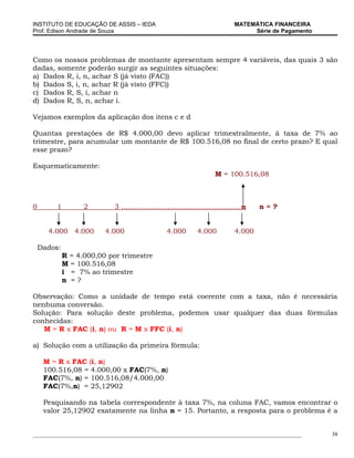INSTITUTO DE EDUCAÇÃO DE ASSIS – IEDA                                          MATEMÁTICA FINANCEIRA
Prof. Edison Andrade de Souza                                                       Série de Pagamento




Como os nossos problemas de montante apresentam sempre 4 variáveis, das quais 3 são
dadas, somente poderão surgir as seguintes situações:
a) Dados R, i, n, achar S (já visto (FAC))
b) Dados S, i, n, achar R (já visto (FFC))
c) Dados R, S, i, achar n
d) Dados R, S, n, achar i.

Vejamos exemplos da aplicação dos itens c e d

Quantas prestações de R$ 4.000,00 devo aplicar trimestralmente, à taxa de 7% ao
trimestre, para acumular um montante de R$ 100.516,08 no final de certo prazo? E qual
esse prazo?

Esquematicamente:
                                                                       M = 100.516,08



0        1         2        3 ......................................................n   n=?


      4.000 4.000        4.000                    4.000        4.000            4.000

    Dados:
             R = 4.000,00 por trimestre
             M = 100.516,08
             i = 7% ao trimestre
             n =?

Observação: Como a unidade de tempo está coerente com a taxa, não é necessária
nenhuma conversão.
Solução: Para solução deste problema, podemos usar qualquer das duas fórmulas
conhecidas:
   M = R x FAC (i, n) ou R = M x FFC (i, n)

a) Solução com a utilização da primeira fórmula:

     M = R x FAC (i, n)
     100.516,08 = 4.000,00 x FAC(7%, n)
     FAC(7%, n) = 100.516,08/4.000,00
     FAC(7%,n) = 25,12902

     Pesquisando na tabela correspondente à taxa 7%, na coluna FAC, vamos encontrar o
     valor 25,12902 exatamente na linha n = 15. Portanto, a resposta para o problema é a


_____________________________________________________________________________________________            38
 
