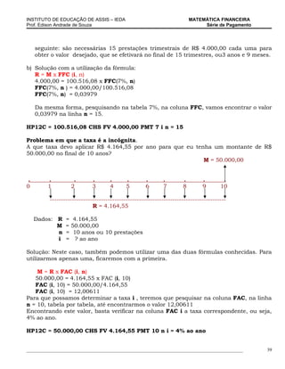INSTITUTO DE EDUCAÇÃO DE ASSIS – IEDA                                    MATEMÁTICA FINANCEIRA
Prof. Edison Andrade de Souza                                                 Série de Pagamento




     seguinte: são necessárias 15 prestações trimestrais de R$ 4.000,00 cada uma para
     obter o valor desejado, que se efetivará no final de 15 trimestres, ou3 anos e 9 meses.

b) Solução com a utilização da fórmula:
   R = M x FFC (i, n)
   4.000,00 = 100.516,08 x FFC(7%, n)
   FFC(7%, n ) = 4.000,00/100.516,08
   FFC(7%, n) = 0,03979

     Da mesma forma, pesquisando na tabela 7%, na coluna FFC, vamos encontrar o valor
     0,03979 na linha n = 15.

HP12C = 100.516,08 CHS FV 4.000,00 PMT 7 i n = 15

Problema em que a taxa é a incógnita.
A que taxa devo aplicar R$ 4.164,55 por ano para que eu tenha um montante de R$
50.000,00 no final de 10 anos?
                                                           M = 50.000,00


 .       .          .        .       .      .        .      .        .        .        .
0        1         2         3       4      5        6      7        8        9       10

          -------------------------------------------------------------------------------
                             R = 4.164,55

     Dados: R    = 4.164,55
            M    = 50.000,00
            n    = 10 anos ou 10 prestações
            i    = ? ao ano

Solução: Neste caso, também podemos utilizar uma das duas fórmulas conhecidas. Para
utilizarmos apenas uma, ficaremos com a primeira.

    M = R x FAC (i, n)
   50.000,00 = 4.164,55 x FAC (i, 10)
   FAC (i, 10) = 50.000,00/4.164,55
   FAC (i, 10) = 12,00611
Para que possamos determinar a taxa i , teremos que pesquisar na coluna FAC, na linha
n = 10, tabela por tabela, até encontrarmos o valor 12,00611
Encontrando este valor, basta verificar na coluna FAC i a taxa correspondente, ou seja,
4% ao ano.

HP12C = 50.000,00 CHS FV 4.164,55 PMT 10 n i = 4% ao ano


_____________________________________________________________________________________________      39
 