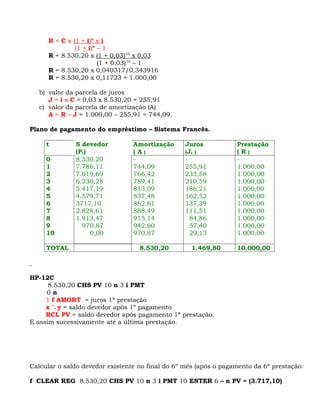 R = C x (1 + i)n x i
               (1 + i)n – 1
      R = 8.530,20 x (1 + 0,03)10 x 0,03
                        (1 + 0,03)10 – 1
      R = 8.530,20 x 0,040317/0,343916
      R = 8.530,20 x 0,11723 = 1.000,00

   b) valor da parcela de juros
      J = i x C = 0,03 x 8.530,20 = 255,91
   c) valor da parcela de amortização (A)
      A = R – J = 1.000,00 – 255,91 = 744,09.

Plano de pagamento do empréstimo – Sistema Francês.

     t        S devedor          Amortização     Juros            Prestação
              (Pt)               (A)             (J t )           (R)
     0        8.530,20           -               -                -
     1        7.786,11           744,09          255,91           1.000,00
     2        7.019,69           766,42          233,58           1.000,00
     3        6.230,28           789,41          210,59           1.000,00
     4        5.417,19           813,09          186,21           1.000,00
     5        4.579,71           837,48          162,52           1.000,00
     6        3717,10            862,61          137,39           1.000,00
     7        2.828,61           888,49          111,51           1.000,00
     8        1.913,47           915,14            84,86          1.000,00
     9          970,87           942,60            57,40          1.000,00
     10            0,00          970,87            29,13          1.000,00

     TOTAL                         8.530,20         1.469,80      10.000,00



HP-12C
      8.530,20 CHS PV 10 n 3 i PMT
     0n
     1 f AMORT = juros 1ª prestação
     x >< y = saldo devedor após 1º pagamento
     RCL PV = saldo devedor após pagamento 1ª prestação.
E assim sucessivamente até a última prestação.




Calcular o saldo devedor existente no final do 6º mês (após o pagamento da 6ª prestação:

f CLEAR REG 8.530,20 CHS PV 10 n 3 i PMT 10 ENTER 6 – n PV = (3.717,10)
 