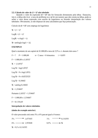2.2. Cálculo do valor de (1 + i)n
não tabelado
Quando o valor da expressão (1 + i)n
não for fornecido diretamente pela tábua financeira,
isto é, a tábua não tiver a taxa do problema ou o n for um numero que não consta na tábua, pode-se
achar o valor dessa expressão com auxilio de logaritmos ou fazendo interpolação dos valores
tabelados. Obviamente, se não dispuser de uma calculadora que faça potenciação.
Calculo de (1 + i)n
com emprego de logaritmos
X = (1 + i)n
LogX = (1 + i)n
LogX = n log(1 + i)
X= antilog[n log(1 + i)]
EXEMPLO
Qual o montante de um capital de $1.000,00 a taxa de 5,5% a .t. durante dois anos ?
F = ? P = 1.000,00 n = 2 anos = 8 trimestres i = 0,055
F = 1.000,00 x (1,055)8
X = (1,055)8
Log X = log(1,055)8
Log X = 8 x log(1,055)
Log X = 8 x 0,0232525
Log X = 0,18602
X = antilog 0,18602
X = 1,534687
Portanto (1,055)8
= 1,534687
F = 1.000,00 x 1,534687
F = $1.534,69
Interpolação de valores tabelados
(dados do exemplo anterior)
O valor procurado está entre 5% e 6% para n igual a 8 temos:
5% 1,477455 1% 0,116393
6% 1,593848 0,5% X
X = 0,5 x 0,116393
15
 