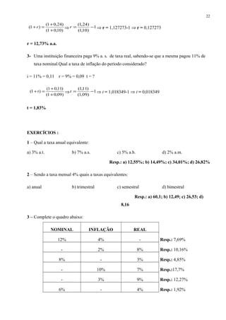 )10,01(
)24,01(
)1(
+
+
=+ r ⇒ 1
)10,1(
)24,1(
−=r ⇒ r = 1,127273-1 ⇒ r = 0,127273
r = 12,73% a.a.
3- Uma instituição financeira paga 9% a. s. de taxa real, sabendo-se que a mesma pagou 11% de
taxa nominal.Qual a taxa de inflação do período considerado?
i = 11% = 0,11 r = 9% = 0,09 t = ?
)09,01(
)11,01(
)1(
+
+
=+t ⇒ 1
)09,1(
)11,1(
−=t ⇒ t = 1,018349-1 ⇒ t = 0,018349
t = 1,83%
EXERCÍCIOS :
1 – Qual a taxa anual equivalente:
a) 3% a.t. b) 7% a.s. c) 5% a.b. d) 2% a.m.
Resp.: a) 12,55%; b) 14,49%; c) 34,01%; d) 26,82%
2 – Sendo a taxa mensal 4% quais a taxas equivalentes:
a) anual b) trimestral c) semestral d) bimestral
Resp.: a) 60,1; b) 12,49; c) 26,53; d)
8,16
3 – Complete o quadro abaixo:
NOMINAL INFLAÇÃO REAL
12% 4% - Resp.: 7,69%
- 2% 8% Resp.: 10,16%
8% - 3% Resp.: 4,85%
- 10% 7% Resp.:17,7%
- 3% 9% Resp.: 12,27%
6% - 4% Resp.: 1,92%
22
 