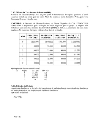 7.8.2. Método da Taxa Interna de Retorno (TIR)
Consiste em calcular (obter) a taxa de juros (taxa de remuneração do capital) que torna o Valor
Atual da entrada de caixa igual ao Valor Atual das saídas de caixa. Portanto o VAL, para Taxa
Interna de Retorno, é igual a zero.
EXEMPLO: A Diretoria de Desenvolvimento de Novos Negócios da CIA. FINANCEIRA
NACIONAL é responsável pela avaliação de novos negócios para o grupo. A empresa tem
trabalhado com uma taxa mínima da atratividade (TMA) de 10% a.a., decorrente de seus atuais
negócios. No momento 4 projetos estão em fase final de avaliação.
ANO
PROJETO A
MINÉRIO
PROJETO B
AGRÍCOLA
PROJETO C
INDÚSTRIA
PROJETO D
COMÉRCIO
0 (130.000) (250.000) (190.000) (1.000.000)
1 40.000 75.000 48.000 263.500
2 40.000 75.000 48.000 152.750
3 40.000 75.000 48.000 442.080
4 40.000 75.000 48.000 278.200
5 40.000 75.000 48.000 180.473
Quais projetos devem ser realizados?
R. Projeto VAL ($) TIR (%)
A 21.631 16,3
B 34.309 15,2
C (8.042) 8,3
D 0 10,0
7.8.3. Critérios de Decisão
A primeira abordagem às decisões de investimento é tradicionalmente denominada de abordagem
da aceitação/rejeição, ou simplesmente estudo de viabilidade.
a) Critério de decisão:
Pelo VAL:
Pela TIR:
60
 