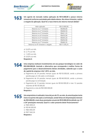 39
MATEMÁTICA FINANCEIRA
163	 Um agente de mercado realiza aplicação de R$13.000,00 e possui retorno
trimestral conforme assinalado pela tabela abaixo. No oitavo trimestre, realiza
o resgate da aplicação. Qual foi a taxa interna de retorno mensal obtida?
Valor aplicado R$13.000,00
Retorno no 1º trimestre R$390,00
Retorno no 2º trimestre R$404,50
Retorno no 3º trimestre R$421,25
Retorno no 4º trimestre R$435,90
Retorno no 5º trimestre R$445,20
Retorno no 6º trimestre R$450,90
Retorno no 7º trimestre R$460,35
Retorno no 8º trimestre + resgate R$17.530,25
a)	 6,42% ao mês
b)	 2,1% ao mês
c)	 1,26% ao mês
d)	 0,42% ao mês
	 Resposta b
164	 Uma empresa realizará investimentos em seu parque tecnológico no valor de
R$3.000.000,00. Assinale a alternativa que corresponda à melhor forma de
pagamento para o desenvolvimento destas atividades, sabendo que o custo
de capital da empresa é de 1,45% ao mês.
a)	 Pagamento de 24 parcelas mensais iguais de R$150.000,00, sendo a primeira
parcela paga um mês após a contratação
b)	 Pagamento de 24 parcelas mensais iguais de R$148.000,00, sendo a primeira
parcela paga na contratação
c)	 Pagamento de 12 parcelas mensais iguais de R$160.000,00 e mais 12 parcelas
restantes de R$130.000,00
d)	 Pagamento a vista de R$3.000.000,00
	 Resposta c
165	 Um empréstimo é realizado à taxa de juro de 5% ao mês. As amortizações terão
início no quinto mês após a contratação, sendo feitas em 24 prestações mensais
de R$5.000,00 e mais duas prestações anuais de R$10.000,00 (incidindo nas 12º
e 24º prestações mensais). Qual é o valor presente deste financiamento?
a)	 R$65.809,24
b)	 R$140.000,00
c)	 R$63.892,94
d)	 R$77.662,26
	 Resposta c
 