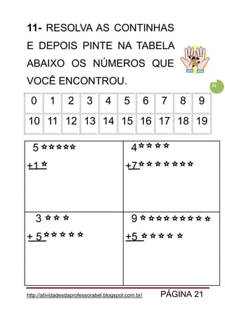 http://atividadesdaprofessorabel.blogspot.com.br/ PÁGINA 21
21
11- RESOLVA AS CONTINHAS
E DEPOIS PINTE NA TABELA
ABAIXO OS NÚMEROS QUE
VOCÊ ENCONTROU.
0 1 2 3 4 5 6 7 8 9
10 11 12 13 14 15 16 17 18 19
5
+1
4
+7
3
+ 5
9
+5
 