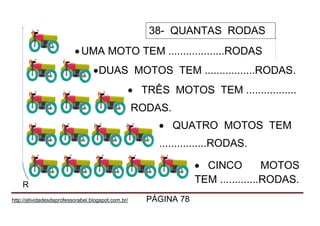 http://atividadesdaprofessorabel.blogspot.com.br/ PÁGINA 78
78
R
 UMA MOTO TEM ...................RODAS
DUAS MOTOS TEM .................RODAS.
 TRÊS MOTOS TEM .................
RODAS.
 QUATRO MOTOS TEM
................RODAS.
 CINCO MOTOS
TEM .............RODAS.
38- QUANTAS RODAS
HÁ?
 