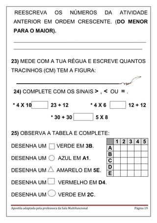 Apostila adaptada pela professora da Sala Multifuncional Página 19 
REESCREVA OS NÚMEROS DA ATIVIDADE ANTERIOR EM ORDEM CRESCENTE. (DO MENOR PARA O MAIOR). 
________________________________________________________________________ ______________________________________________________________________ 
23) MEDE COM A TUA RÉGUA E ESCREVE QUANTOS TRACINHOS (CM) TEM A FIGURA: 
24) COMPLETE COM OS SINAIS > , < OU = . 
* 4 X 10 23 + 12 * 4 X 6 12 + 12 * 30 + 30 5 X 8 
25) OBSERVA A TABELA E COMPLETE: 
DESENHA UM VERDE EM 3B. 
DESENHA UM AZUL EM A1. 
DESENHA UM AMARELO EM 5E. 
DESENHA UM VERMELHO EM D4. 
DESENHA UM VERDE EM 2C. 1 2 3 4 5 A 
B 
C 
D 
E 
 