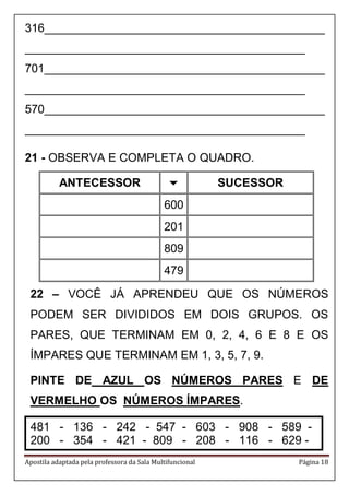 Apostila adaptada pela professora da Sala Multifuncional Página 18
316___________________________________________
___________________________________________
701___________________________________________
___________________________________________
570___________________________________________
___________________________________________
21 - OBSERVA E COMPLETA O QUADRO.
ANTECESSOR  SUCESSOR
600
201
809
479
22 – VOCÊ JÁ APRENDEU QUE OS NÚMEROS
PODEM SER DIVIDIDOS EM DOIS GRUPOS. OS
PARES, QUE TERMINAM EM 0, 2, 4, 6 E 8 E OS
ÍMPARES QUE TERMINAM EM 1, 3, 5, 7, 9.
PINTE DE AZUL OS NÚMEROS PARES E DE
VERMELHO OS NÚMEROS ÍMPARES.
481 - 136 - 242 - 547 - 603 - 908 - 589 -
200 - 354 - 421 - 809 - 208 - 116 - 629 -
 