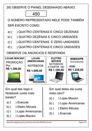 Apostila adaptada pela professora da Sala Multifuncional Página 22
ELETRO
MÓVEIS
NOTEBOOK
A PARTIR DE:
R$ 1.320,00
EXECUTE
NOTEBOOK
POR:
R$ 1.229,00
28) OBSERVE O PAINEL DESENHADO ABAIXO.
O NÚMERO REPRESENTADO NELE PODE TAMBÉM
SER ESCRITO COMO:
a) ( ) QUATRO CENTENAS E CINCO DEZENAS
b) ( ) QUATRO DEZENAS E CINCO UNIDADES
c) ( ) QUATRO CENTENAS E ZERO UNIDADES
d) ( ) QUATRO CENTENAS E CINCO UNIDADES
OBSERVE OS ANÚNCIOS E RESPONDA
Em qual das lojas o
Notebook custa mais
barato?
a) ( ) Execute
b) ( ) Eletro Móveis
c) ( ) Lojas Americanas
d) ( ) Lojas Macavi
Em qual delas ele custa
mais caro?
a) ( ) Lojas Macavi
b) ( ) Lojas Americanas
c) ( ) Eletro Móveis
d) ( ) Execute
450
LOJAS MACAVI
PROMOÇÃO:
Por:
R$ 1.399,00
LOJAS
AMERICANAS
NOTEBOOK
R$ 1.099,00
 
