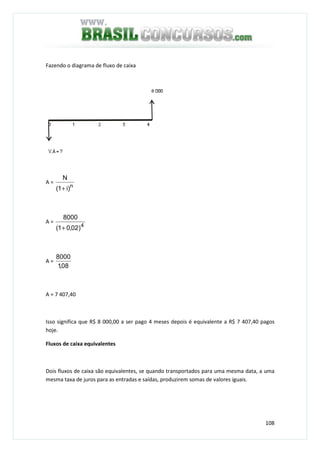 108
Fazendo o diagrama de fluxo de caixa
A =
n
)i1(
N
+
A =
4
)02,01(
8000
+
A =
08,1
8000
A = 7 407,40
Isso significa que R$ 8 000,00 a ser pago 4 meses depois é equivalente a R$ 7 407,40 pagos
hoje.
Fluxos de caixa equivalentes
Dois fluxos de caixa são equivalentes, se quando transportados para uma mesma data, a uma
mesma taxa de juros para as entradas e saídas, produzirem somas de valores iguais.
 
