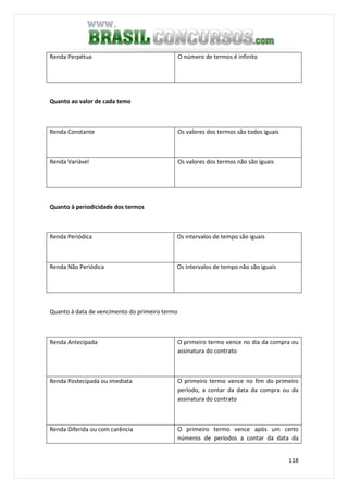 118
Renda Perpétua O número de termos é infinito
Quanto ao valor de cada temo
Renda Constante Os valores dos termos são todos iguais
Renda Variável Os valores dos termos não são iguais
Quanto à periodicidade dos termos
Renda Periódica Os intervalos de tempo são iguais
Renda Não Periódica Os intervalos de tempo não são iguais
Quanto à data de vencimento do primeiro termo
Renda Antecipada O primeiro termo vence no dia da compra ou
assinatura do contrato
Renda Postecipada ou imediata O primeiro termo vence no fim do primeiro
período, a contar da data da compra ou da
assinatura do contrato
Renda Diferida ou com carência O primeiro termo vence após um certo
números de períodos a contar da data da
 