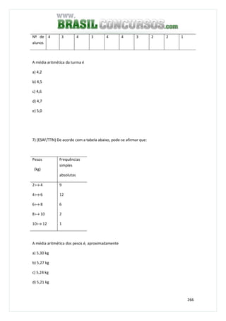 266
Nº de
alunos
4 3 4 3 4 4 3 2 2 1
A média aritmética da turma é
a) 4,2
b) 4,5
c) 4,6
d) 4,7
e) 5,0
7) (ESAF/TTN) De acordo com a tabela abaixo, pode-se afirmar que:
Pesos
(kg)
Frequências
simples
absolutas
2a 4
4a 6
6a 8
8a 10
10a 12
9
12
6
2
1
A média aritmética dos pesos é, aproximadamente
a) 5,30 kg
b) 5,27 kg
c) 5,24 kg
d) 5,21 kg
 