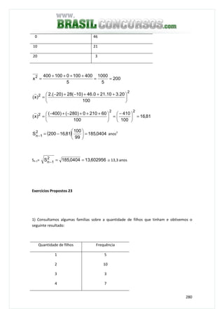 280
0 46
10 21
20 3
200
5
1000
5
4001000100400
x2
==
++++
=
2
2
100
20.310.210.46)10(28)20.(2
)x( 




 +++−+−
=
81,16
100
410
100
602100)280()400(
)x(
22
2
=




 −
=




 +++−+−
=
( ) 0404,185
99
100
81,16200S2
1n =





−=−
anos2
Sn-1= 602956,130404,185S2
1n ==− ≅ 13,3 anos
Exercícios Propostos 23
1) Consultamos algumas famílias sobre a quantidade de filhos que tinham e obtivemos o
seguinte resultado:
Quantidade de filhos Frequência
1
2
3
4
5
10
3
7
 