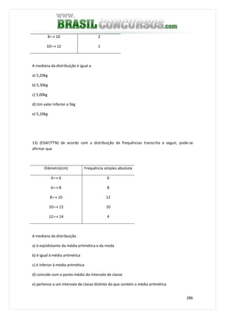 286
8a 10
10a 12
2
1
A mediana da distribuição é igual a
a) 5,20kg
b) 5,30kg
c) 5,00kg
d) Um valor inferior a 5kg
e) 5,10kg
13) (ESAF/TTN) de acordo com a distribuição de frequências transcrita a seguir, pode-se
afirmar que
Diâmetro(cm) Frequência simples absoluta
4a 6
6a 8
8a 10
10a 12
12a 14
6
8
12
10
4
A mediana da distribuição
a) é eqüidistante da média aritmética e da moda
b) é igual à média aritmética
c) é inferior à média aritmética
d) coincide com o ponto médio do intervalo de classe
e) pertence a um intervalo de classe distinto do que contém a média aritmética
 