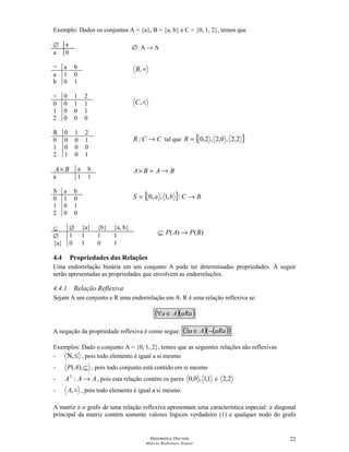 Matemática Discreta
Márcia Rodrigues Notare
22
Exemplo: Dados os conjuntos A = {a}, B = {a, b} e C = {0, 1, 2}, temos que
∅ a
a 0
= a b
a 1 0
b 0 1
 0 1 2
0 0 1 1
1 0 0 1
2 0 0 0
R 0 1 2
0 0 0 1
1 0 0 0
2 1 0 1
BA× a b
a 1 1
S a b
0 1 0
1 0 1
2 0 0
⊆ ∅ {a} {b} {a, b}
∅ 1 1 1 1
{a} 0 1 0 1
4.4 Propriedades das Relações
Uma endorrelação binária em um conjunto A pode ter determinadas propriedades. A seguir
serão apresentadas as propriedades que envolvem as endorrelações.
4.4.1 Relação Reflexiva
Sejam A um conjunto e R uma endorrelação em A. R é uma relação reflexiva se:
( )( )aRaAa ∈∀
A negação da propriedade reflexiva é como segue: ( ) ( )( )aRaAa ¬∈∃
Exemplos: Dado o conjunto A = {0, 1, 2}, temos que as seguintes relações são reflexivas
- ≤Ν, , pois todo elemento é igual a si mesmo
- ⊆),(AP , pois todo conjunto está contido em si mesmo
- AAA →:2
, pois esta relação contém os pares 1,1,0,0 e 2,2
- =,A , pois todo elemento é igual a si mesmo
A matriz e o grafo de uma relação reflexiva apresentam uma característica especial: a diagonal
principal da matriz contém somente valores lógicos verdadeiro (1) e qualquer nodo do grafo
∅: A → A
=,B
CCR →: tal que { }2,2,0,2,2,0=R
,C
BABA →=×
{ } BCbaS →= :,1,,0
)()(: BPAP →⊆
 